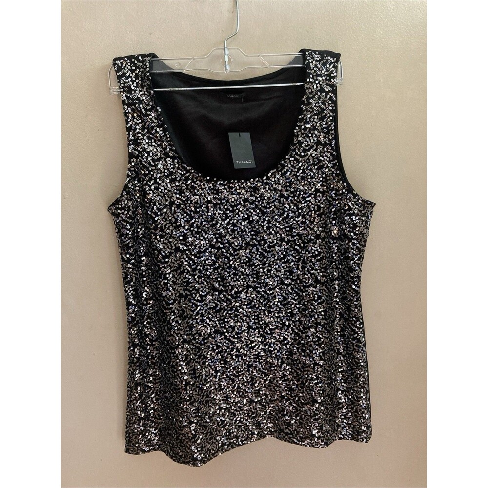 NWT Tahari Women Camilla Blouse Tank Top  Black/Pewter Sequins Sz M $178 Ret.